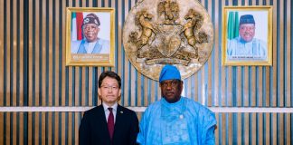 Secretary to the Government of the Federation, Sen. George Akume CON, in a friendly pose with the Japanese Ambassador to Nigeria, H.E Suzuki Hideo during the courtesy visit to his office on Monday, 3rd August, 2026 in Abuja.