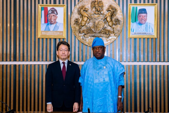Secretary to the Government of the Federation, Sen. George Akume CON, in a friendly pose with the Japanese Ambassador to Nigeria, H.E Suzuki Hideo during the courtesy visit to his office on Monday, 3rd August, 2026 in Abuja.
