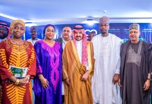 (L–R) Chairman and Chief Executive Officer, Nigerians in Diaspora Commission (NiDCOM), Hon. (Dr.) Abike Dabiri-Erewa; Representative of the Governor of Kaduna State and Honourable Commissioner, Kaduna State Ministry of Business, Innovation and Technology, Mrs. Patience Fakai; Governor of the Madinah Region, His Royal Highness Prince Salman bin Sultan bin Abdulaziz Al Saud; Representative of the Vice President of the Federal Republic of Nigeria and Special Assistant to the President on Export Expansion, Office of the Vice President, Mr. Aliyu Bunu Sherif; and Honourable Minister of Information and National Orientation, Mohammed Idris, fnipr, during the Nigeria–Saudi Diaspora Investment and Tourism Exhibition Summit 2026 on August 4, 2026, in Abuja. Photo: Khalid Ahmed/FMINO.