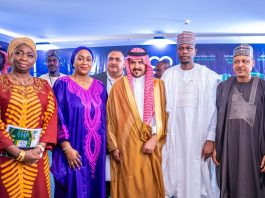 (L–R) Chairman and Chief Executive Officer, Nigerians in Diaspora Commission (NiDCOM), Hon. (Dr.) Abike Dabiri-Erewa; Representative of the Governor of Kaduna State and Honourable Commissioner, Kaduna State Ministry of Business, Innovation and Technology, Mrs. Patience Fakai; Governor of the Madinah Region, His Royal Highness Prince Salman bin Sultan bin Abdulaziz Al Saud; Representative of the Vice President of the Federal Republic of Nigeria and Special Assistant to the President on Export Expansion, Office of the Vice President, Mr. Aliyu Bunu Sherif; and Honourable Minister of Information and National Orientation, Mohammed Idris, fnipr, during the Nigeria–Saudi Diaspora Investment and Tourism Exhibition Summit 2026 on August 4, 2026, in Abuja. Photo: Khalid Ahmed/FMINO.