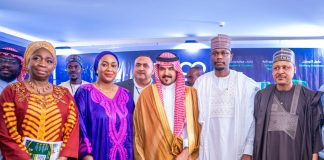 (L–R) Chairman and Chief Executive Officer, Nigerians in Diaspora Commission (NiDCOM), Hon. (Dr.) Abike Dabiri-Erewa; Representative of the Governor of Kaduna State and Honourable Commissioner, Kaduna State Ministry of Business, Innovation and Technology, Mrs. Patience Fakai; Governor of the Madinah Region, His Royal Highness Prince Salman bin Sultan bin Abdulaziz Al Saud; Representative of the Vice President of the Federal Republic of Nigeria and Special Assistant to the President on Export Expansion, Office of the Vice President, Mr. Aliyu Bunu Sherif; and Honourable Minister of Information and National Orientation, Mohammed Idris, fnipr, during the Nigeria–Saudi Diaspora Investment and Tourism Exhibition Summit 2026 on August 4, 2026, in Abuja. Photo: Khalid Ahmed/FMINO.