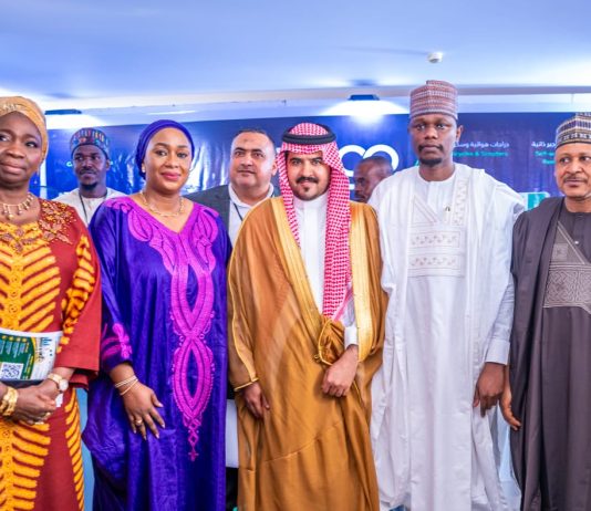 (L–R) Chairman and Chief Executive Officer, Nigerians in Diaspora Commission (NiDCOM), Hon. (Dr.) Abike Dabiri-Erewa; Representative of the Governor of Kaduna State and Honourable Commissioner, Kaduna State Ministry of Business, Innovation and Technology, Mrs. Patience Fakai; Governor of the Madinah Region, His Royal Highness Prince Salman bin Sultan bin Abdulaziz Al Saud; Representative of the Vice President of the Federal Republic of Nigeria and Special Assistant to the President on Export Expansion, Office of the Vice President, Mr. Aliyu Bunu Sherif; and Honourable Minister of Information and National Orientation, Mohammed Idris, fnipr, during the Nigeria–Saudi Diaspora Investment and Tourism Exhibition Summit 2026 on August 4, 2026, in Abuja. Photo: Khalid Ahmed/FMINO.