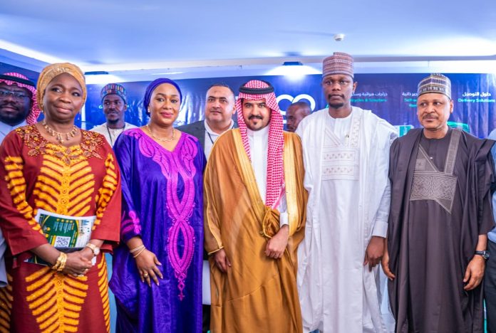 (L–R) Chairman and Chief Executive Officer, Nigerians in Diaspora Commission (NiDCOM), Hon. (Dr.) Abike Dabiri-Erewa; Representative of the Governor of Kaduna State and Honourable Commissioner, Kaduna State Ministry of Business, Innovation and Technology, Mrs. Patience Fakai; Governor of the Madinah Region, His Royal Highness Prince Salman bin Sultan bin Abdulaziz Al Saud; Representative of the Vice President of the Federal Republic of Nigeria and Special Assistant to the President on Export Expansion, Office of the Vice President, Mr. Aliyu Bunu Sherif; and Honourable Minister of Information and National Orientation, Mohammed Idris, fnipr, during the Nigeria–Saudi Diaspora Investment and Tourism Exhibition Summit 2026 on August 4, 2026, in Abuja. Photo: Khalid Ahmed/FMINO.