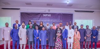 Honourable Minister of State for Health and Social Welfare Dr Iziaq Adekunle Salako (Center), flanked by his Left, Permanent Secretary Federal Ministry of Health and Social Welfare Daju Kachollom S. mni; and by his right is the Honourable Minister of Power, Mr. Joseph Olasunkanmi Tegbe, 2nd is by the right is Alhaji Mahmuda Mamman, Permanent Secretary, Federal Ministry of Power, supported by other members of the Nigeria Power for Health Initiative: Inter-ministerial Steering committee after the Third Meeting of the committee in Abuja.