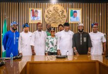 (3rd right) Secretary to the Government of the Federation, Sen. George Akume, CON, in a group photograph with the leadership of National Union of Benue State Students during a courtesy visit to his office on Thursday, 6th August, 2026 in Abuja.