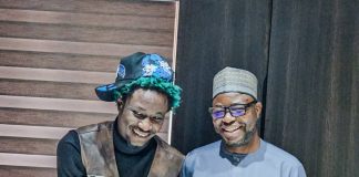 R- L : the Honourable Minister of Humanitarian Affairs and Poverty Reduction. Dr. Bernard M Doro in a handshake with the star IDP young man. OG Abbah when the delegation from IFON Youth Initiative visited the Minister in his office.