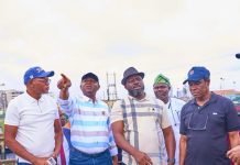 Honourable Minister of Water Resources and Sanitation, Engr. Prof. Joseph Terlumun Utsev, FNSE, (2nd Left); MD/ CEO Ogun Oshun River Basin Development Authority, Engr. Adedeji Ashiru (L); Director General NiHSA)Arc. Umar Ibrahim Muhammed (R); SA to the Executive Governor of Lagos State on Environment, Engr Olakunle Rotimi-Akodu,(2nd R) at the inspection of drainage stations and flood devastated communities in Lagos State today.