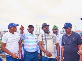 Honourable Minister of Water Resources and Sanitation, Engr. Prof. Joseph Terlumun Utsev, FNSE, (2nd Left); MD/ CEO Ogun Oshun River Basin Development Authority, Engr. Adedeji Ashiru (L); Director General NiHSA)Arc. Umar Ibrahim Muhammed (R); SA to the Executive Governor of Lagos State on Environment, Engr Olakunle Rotimi-Akodu,(2nd R) at the inspection of drainage stations and flood devastated communities in Lagos State today.