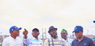 Honourable Minister of Water Resources and Sanitation, Engr. Prof. Joseph Terlumun Utsev, FNSE, (2nd Left); MD/ CEO Ogun Oshun River Basin Development Authority, Engr. Adedeji Ashiru (L); Director General NiHSA)Arc. Umar Ibrahim Muhammed (R); SA to the Executive Governor of Lagos State on Environment, Engr Olakunle Rotimi-Akodu,(2nd R) at the inspection of drainage stations and flood devastated communities in Lagos State today.