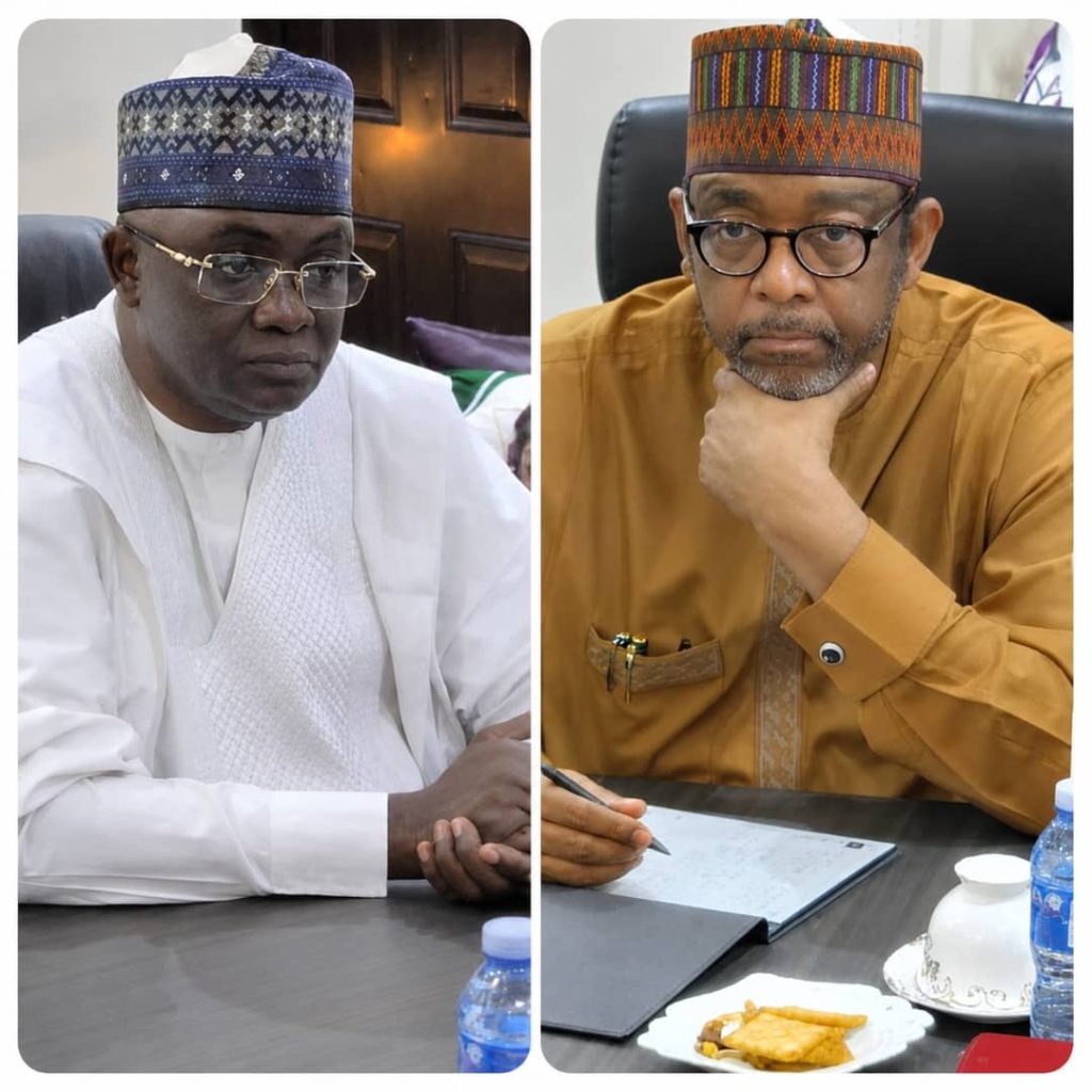 The Director-General/CEO of NTAC, Rt. Hon. Yusuf Buba Yakub (left), and the Director, Programmes, NTAC, Ambassador Bello A. Jaye (right), during a meeting with the Gambian delegation at the NTAC Complex, Abuja, on 6 August 2026.