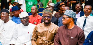 Middle in the group seated is the honourable minister of Humanitarian Affairs and Poverty Reduction. Dr. Bernard M Doro, to his left is permanent secretary, Mr. Olubunmi Olusanya and to his right hand is, the federal Commissioner, National Refugees Migrant and Internally Displaced Persons. Mr. Aliyu Tijani.
