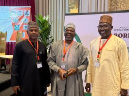 DG, National Boundary Commission, Surv. Adamu A.Adaji (Middle), Director, Maritime Department (NBC) (left) and Head, Cross-border Cooperation (NBC) (Right) at the ABORNE CONFERENCE 2026 event, Lagos. 