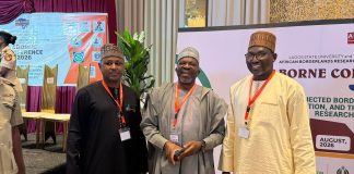 DG, National Boundary Commission, Surv. Adamu A.Adaji (Middle), Director, Maritime Department (NBC) (left) and Head, Cross-border Cooperation (NBC) (Right) at the ABORNE CONFERENCE 2026 event, Lagos. 