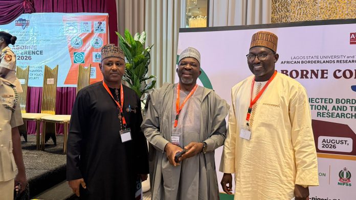DG, National Boundary Commission, Surv. Adamu A.Adaji (Middle), Director, Maritime Department (NBC) (left) and Head, Cross-border Cooperation (NBC) (Right) at the ABORNE CONFERENCE 2026 event, Lagos. 