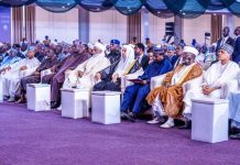 (R–L) Honourable Minister of Information and National Orientation, Mohammed Idris, fnipr; National Chairman, Jama'atu Izalatil Bid'ah Wa'iqamatis Sunnah (JIBWIS), Sheikh Abdullah Bala Lau; Deputy President of the Senate, Senator Barau I. Jibrin, CFR; Secretary-General of the Muslim World League and Chairman of the Organization of Islamic Scholars, Sheikh Mohammed bin Abdulkarim Al-Issa; President-General of the Nigerian Supreme Council for Islamic Affairs (NSCIA) and Sultan of Sokoto, Alhaji Muhammad Sa'ad Abubakar III, CFR; National Chairman of the All Progressives Congress (APC), Prof. Nentawe Yilwatda; and other dignitaries, including the Governor of Kaduna State, Senator Uba Sani, and Governor of Jigawa State, Malam Umar Namadi, during the International Conference on Diversity and Social Peace for a Promising Future on August 11, 2026, in Abuja. Photo: Khalid Ahmed/FMINO.