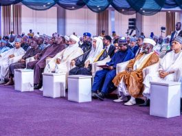 (R–L) Honourable Minister of Information and National Orientation, Mohammed Idris, fnipr; National Chairman, Jama'atu Izalatil Bid'ah Wa'iqamatis Sunnah (JIBWIS), Sheikh Abdullah Bala Lau; Deputy President of the Senate, Senator Barau I. Jibrin, CFR; Secretary-General of the Muslim World League and Chairman of the Organization of Islamic Scholars, Sheikh Mohammed bin Abdulkarim Al-Issa; President-General of the Nigerian Supreme Council for Islamic Affairs (NSCIA) and Sultan of Sokoto, Alhaji Muhammad Sa'ad Abubakar III, CFR; National Chairman of the All Progressives Congress (APC), Prof. Nentawe Yilwatda; and other dignitaries, including the Governor of Kaduna State, Senator Uba Sani, and Governor of Jigawa State, Malam Umar Namadi, during the International Conference on Diversity and Social Peace for a Promising Future on August 11, 2026, in Abuja. Photo: Khalid Ahmed/FMINO.