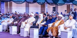 (R–L) Honourable Minister of Information and National Orientation, Mohammed Idris, fnipr; National Chairman, Jama'atu Izalatil Bid'ah Wa'iqamatis Sunnah (JIBWIS), Sheikh Abdullah Bala Lau; Deputy President of the Senate, Senator Barau I. Jibrin, CFR; Secretary-General of the Muslim World League and Chairman of the Organization of Islamic Scholars, Sheikh Mohammed bin Abdulkarim Al-Issa; President-General of the Nigerian Supreme Council for Islamic Affairs (NSCIA) and Sultan of Sokoto, Alhaji Muhammad Sa'ad Abubakar III, CFR; National Chairman of the All Progressives Congress (APC), Prof. Nentawe Yilwatda; and other dignitaries, including the Governor of Kaduna State, Senator Uba Sani, and Governor of Jigawa State, Malam Umar Namadi, during the International Conference on Diversity and Social Peace for a Promising Future on August 11, 2026, in Abuja. Photo: Khalid Ahmed/FMINO.