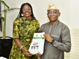 Director-General/CEO, Bureau of Public Procurement (BPP), Dr. Adebowale A. Adedokun, FCIPS, right, being presented with a copy of the Nigerian Council of Food Science and Technology (NiCFoST) document by the Registrar/CEO, Mrs. Veronica Eze during her visit to the BPP in Abuja.
