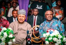 L-R: Honourable Minister of Information and National Orientation, Mohammed Idris, fnipr and the former Governor of Cross River state, Senator Ben Ayade, at the Wake Keep of the late Ukandi Placidus Ugar Ogar, on Friday, August 14, 2026 in Obudu, Cross River state