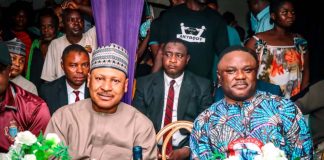 L-R: Honourable Minister of Information and National Orientation, Mohammed Idris, fnipr and the former Governor of Cross River state, Senator Ben Ayade, at the Wake Keep of the late Ukandi Placidus Ugar Ogar, on Friday, August 14, 2026 in Obudu, Cross River state