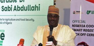 The Minister of State for Agriculture and Food Security and Supervising Minister of Cooperative Affairs, Sen Dr Aliyu Sabi Abdullahi, Permanent Secretary, FMAFS, Dr Marcus Olaniyi Ogunbiyi and other stakeholders during the Signing of Memorandum of Understanding between FMAFS and Seamfix Limited.