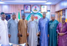 COURTESY VISIT BY THE KEBBI STATE GOVERNMENT (L–R) Chief Press Secretary to the Kebbi State Government, Ahmed Idris; Special Adviser, New Media, Aliyu Bandado; Special Adviser, Strategic Communication, Abdullahi Zuru; Honourable Minister of Information and National Orientation, Mohammed Idris, fnipr; Honourable Commissioner for Information, Kebbi State, Yakubu Ahmed; Special Adviser, Public Enlightenment, Ibrahim Jambali; and Special Adviser, Media and Publicity, Yahaya Sarki, during a courtesy visit by the Kebbi State Government delegation to the Honourable Minister on August 12, 2026, in Abuja. Photo: Khalid Ahmed/FMINO.