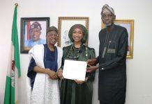 The Honourable Minister of Art, Culture, Tourism and Creative Economy (FMACTCE) Barr. Hannatu Musa Musawa flanked by the DG NIPSS, Professor Ayo Omotayo, and Alh. Lai Mohammed, former Minister of Information and Culture today in her office during the visit to chart the way forward for the Summit and Exhibition of the Orange Economy.