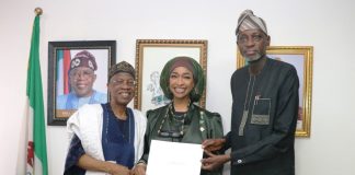 The Honourable Minister of Art, Culture, Tourism and Creative Economy (FMACTCE) Barr. Hannatu Musa Musawa flanked by the DG NIPSS, Professor Ayo Omotayo, and Alh. Lai Mohammed, former Minister of Information and Culture today in her office during the visit to chart the way forward for the Summit and Exhibition of the Orange Economy.