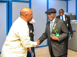 The Permanent Secretary, Federal Ministry of Transportation, Engr. Funsho Adebiyi, FNSE, (left) warmly receives the Administrator/Chief Executive, National Judicial Institute (NJI), *Hon. Justice Babatunde Adejumo,* OFR, (Rtd) in his office.
