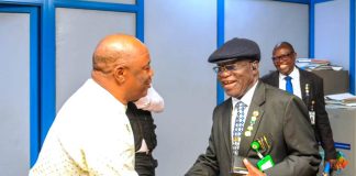 The Permanent Secretary, Federal Ministry of Transportation, Engr. Funsho Adebiyi, FNSE, (left) warmly receives the Administrator/Chief Executive, National Judicial Institute (NJI), *Hon. Justice Babatunde Adejumo,* OFR, (Rtd) in his office.