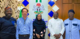 Senior Agriculture and Food Security Director, USDA Food for Progress Programme in Nigeria, Dr. Gustavo Galdo, (2nd left), the Permanent Secretary, Federal Ministry of Marine and Blue Economy, FMMBE, Mrs Fatima Sugra Tabi’a Mahmood (middle), Chief of Party, Food for Progress in Nigeria, Dr. Andrew Musa, the Director, Federal Department of Fisheries and Aquaculture, FMMBE, Mr. Wellington Omoragbon after the delegation from United States Department of Agriculture paid a courtesy call in Abuja.
