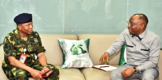 Right: Director-General/CEO, Bureau of Public Procurement (BPP), Dr. Adebowale A. Adedokun, FCIPS, engaging the DG, DICON, Major-General, Babatunde Ibrahim Alaya in a discussion during his visit at BPP in Abuja.