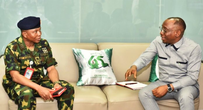 Right: Director-General/CEO, Bureau of Public Procurement (BPP), Dr. Adebowale A. Adedokun, FCIPS, engaging the DG, DICON, Major-General, Babatunde Ibrahim Alaya in a discussion during his visit at BPP in Abuja.