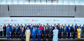 Vice President Kashim Shettima (4th from left, middle row) in the company of other heads of state and delegations at the 21st Extraordinary Session of the Assembly of the African Union in Luanda, Angola on Sunday, 30-08-2026. 