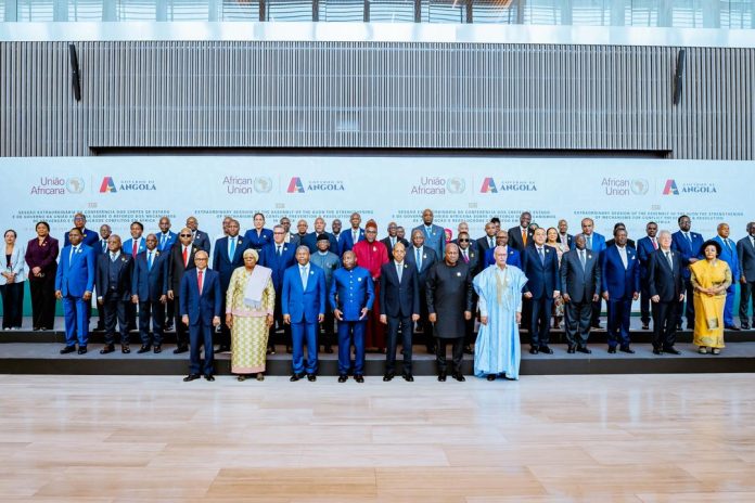 Vice President Kashim Shettima (4th from left, middle row) in the company of other heads of state and delegations at the 21st Extraordinary Session of the Assembly of the African Union in Luanda, Angola on Sunday, 30-08-2026. 