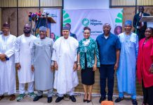 PRESS CONFERENCE FOR THE LAUNCH OF THE “HIRE FOR NIGERIA” CAMPAIGN (L–R) Director-General, Nigerian Television Authority (NTA), Comrade Salihu Abdulhamid Dembos; Founder and President, Tech4Dev, Joel Ogunsola; Honourable Minister of Education, Dr. Maruf Olatunji Alausa; Honourable Minister of Information and National Orientation, Mohammed Idris, fnipr; Honourable Minister of Industry, Trade and Investment, Dr. Jumoke Oduwole; Special Adviser to President Bola Ahmed Tinubu on Media and Public Communications, Sunday Dare; Director-General, Federal Radio Corporation of Nigeria (FRCN), Dr. Mohammed Bulama; and Senior Special Assistant, Strategic Communication & NATEP, Office of the Honourable Minister of Industry, Trade and Investment, Olajumoke Dan-Okayi, during the Press Conference for the launch of the “Hire for Nigeria” Campaign on August 31, 2026, in Abuja. Photo: Khalid Ahmed/FMINO. 