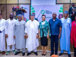 PRESS CONFERENCE FOR THE LAUNCH OF THE “HIRE FOR NIGERIA” CAMPAIGN (L–R) Director-General, Nigerian Television Authority (NTA), Comrade Salihu Abdulhamid Dembos; Founder and President, Tech4Dev, Joel Ogunsola; Honourable Minister of Education, Dr. Maruf Olatunji Alausa; Honourable Minister of Information and National Orientation, Mohammed Idris, fnipr; Honourable Minister of Industry, Trade and Investment, Dr. Jumoke Oduwole; Special Adviser to President Bola Ahmed Tinubu on Media and Public Communications, Sunday Dare; Director-General, Federal Radio Corporation of Nigeria (FRCN), Dr. Mohammed Bulama; and Senior Special Assistant, Strategic Communication & NATEP, Office of the Honourable Minister of Industry, Trade and Investment, Olajumoke Dan-Okayi, during the Press Conference for the launch of the “Hire for Nigeria” Campaign on August 31, 2026, in Abuja. Photo: Khalid Ahmed/FMINO. 