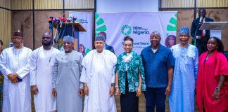 PRESS CONFERENCE FOR THE LAUNCH OF THE “HIRE FOR NIGERIA” CAMPAIGN (L–R) Director-General, Nigerian Television Authority (NTA), Comrade Salihu Abdulhamid Dembos; Founder and President, Tech4Dev, Joel Ogunsola; Honourable Minister of Education, Dr. Maruf Olatunji Alausa; Honourable Minister of Information and National Orientation, Mohammed Idris, fnipr; Honourable Minister of Industry, Trade and Investment, Dr. Jumoke Oduwole; Special Adviser to President Bola Ahmed Tinubu on Media and Public Communications, Sunday Dare; Director-General, Federal Radio Corporation of Nigeria (FRCN), Dr. Mohammed Bulama; and Senior Special Assistant, Strategic Communication & NATEP, Office of the Honourable Minister of Industry, Trade and Investment, Olajumoke Dan-Okayi, during the Press Conference for the launch of the “Hire for Nigeria” Campaign on August 31, 2026, in Abuja. Photo: Khalid Ahmed/FMINO. 
