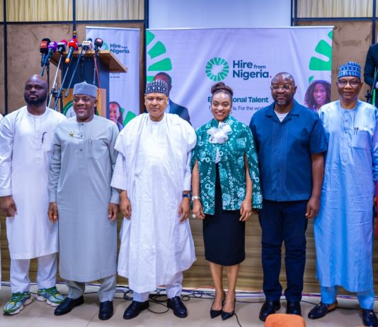 PRESS CONFERENCE FOR THE LAUNCH OF THE “HIRE FOR NIGERIA” CAMPAIGN (L–R) Director-General, Nigerian Television Authority (NTA), Comrade Salihu Abdulhamid Dembos; Founder and President, Tech4Dev, Joel Ogunsola; Honourable Minister of Education, Dr. Maruf Olatunji Alausa; Honourable Minister of Information and National Orientation, Mohammed Idris, fnipr; Honourable Minister of Industry, Trade and Investment, Dr. Jumoke Oduwole; Special Adviser to President Bola Ahmed Tinubu on Media and Public Communications, Sunday Dare; Director-General, Federal Radio Corporation of Nigeria (FRCN), Dr. Mohammed Bulama; and Senior Special Assistant, Strategic Communication & NATEP, Office of the Honourable Minister of Industry, Trade and Investment, Olajumoke Dan-Okayi, during the Press Conference for the launch of the “Hire for Nigeria” Campaign on August 31, 2026, in Abuja. Photo: Khalid Ahmed/FMINO. 