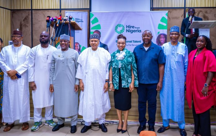 IMG-20260831-WA0151 PRESS CONFERENCE FOR THE LAUNCH OF THE “HIRE FOR NIGERIA” CAMPAIGN (L–R) Director-General, Nigerian Television Authority (NTA), Comrade Salihu Abdulhamid Dembos; Founder and President, Tech4Dev, Joel Ogunsola; Honourable Minister of Education, Dr. Maruf Olatunji Alausa; Honourable Minister of Information and National Orientation, Mohammed Idris, fnipr; Honourable Minister of Industry, Trade and Investment, Dr. Jumoke Oduwole; Special Adviser to President Bola Ahmed Tinubu on Media and Public Communications, Sunday Dare; Director-General, Federal Radio Corporation of Nigeria (FRCN), Dr. Mohammed Bulama; and Senior Special Assistant, Strategic Communication & NATEP, Office of the Honourable Minister of Industry, Trade and Investment, Olajumoke Dan-Okayi, during the Press Conference for the launch of the “Hire for Nigeria” Campaign on August 31, 2026, in Abuja. Photo: Khalid Ahmed/FMINO.