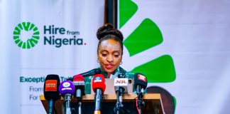 Honorable Minister, Federal Ministry of Industry, Trade and Investment, Dr. Jumoke Oduwole MFR delivery her speech during the official launch of "Hire From Nigeria" campaign in Abuja. 