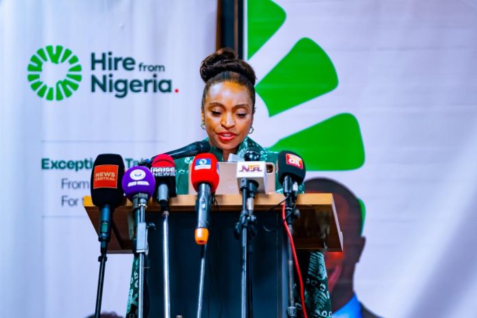 Honorable Minister, Federal Ministry of Industry, Trade and Investment, Dr. Jumoke Oduwole MFR delivery her speech during the official launch of "Hire From Nigeria" campaign in Abuja. 