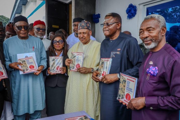 (L-R) The former Governor of Cross River State, Chief Clement Ebri; the Chief Judge of Cross River State, Hon. Justice Akon Ikpeme; the Honourable Minister of Information and National Orientation, Mohammed Idris; the Executive Governor of Cross River State, Senator Prince Bassey Edet Otu; the President, Nigerian Institute of Public Relations, Dr Ike Neliaku, at the official reactivation of the remodelled Cross River State Newspaper (Nigerian Chronicle) Corporation, now the Cross River Information Hub, and the commissioning of the new government printing press, in Calabar on September 3, 2026. Photo: Mohammed Suleiman