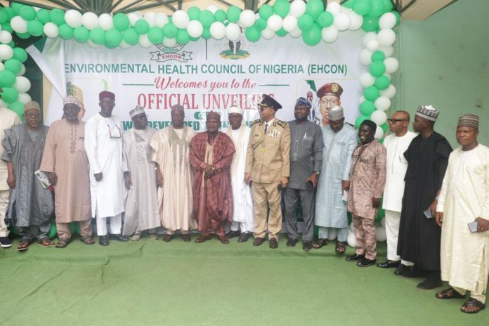 From right: Registrar/CEO, Environmental Health Council of Nigeria, Dr. Yakubu Mohammed Baba; Representative of the Honourable Minister of Environment and Conservator-General, National Park Service, Ibrahim Goni; Permanent Secretary, Federal Ministry of Environment, Salihu A. Usman; Chairman, Environmental Health Council of Nigeria Governing Board, Ibrahim Tukur El-Sudi; and Prof. A. M. Amadi, during the official unveiling of fourteen new curricula for Environmental Health and Public Health programmes in Nigerian polytechnics and monotechnics in Abuja. 3rd September, 2026.
