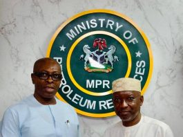 L-R: The  Chairman of the  Investment Monitoring Committee and Federal Commissioner representing Anambra State in RMAFC, Dr. Ekene Enefe and Honourable Minister of State for Petroleum Resources (Gas), Rt. Hon. Obongemem Ekperikpe Ekpo; during the courtesy visit to the Ministry of Petroleum Resources.