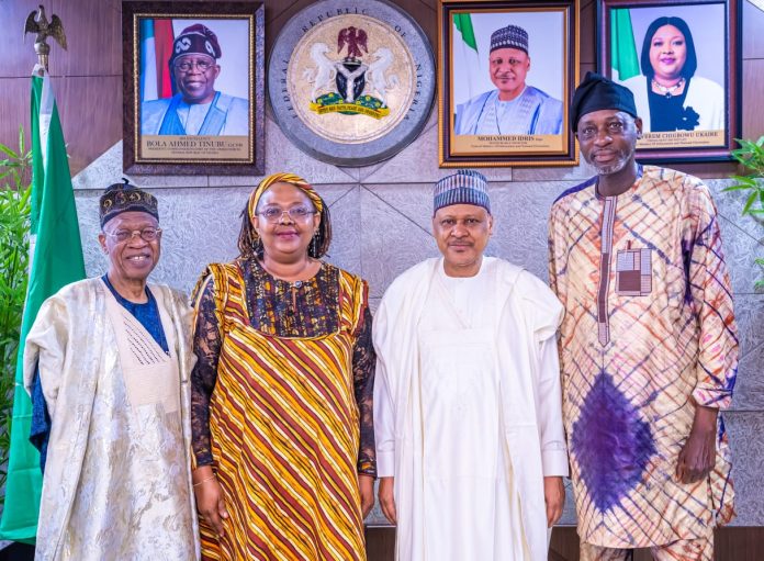*COURTESY VISIT BY THE NATIONAL INSTITUTE FOR POLICY AND STRATEGIC STUDIES (NIPSS)* (L–R) Former Minister of Information and Culture and Managing Partner, Bruit Costaud, Alhaji Lai Mohammed, CON; Permanent Secretary, Federal Ministry of Information and National Orientation, Dr. Binyerem C. Ukaire, FWACS; Honourable Minister of Information and National Orientation, Mohammed Idris, fnipr; and Director-General, National Institute for Policy and Strategic Studies (NIPSS), Prof. Ayo Omotayo, during a courtesy visit by the NIPSS delegation to the Honourable Minister on September 8, 2026, in Abuja. Photo: Khalid Ahmed/FMINO.
