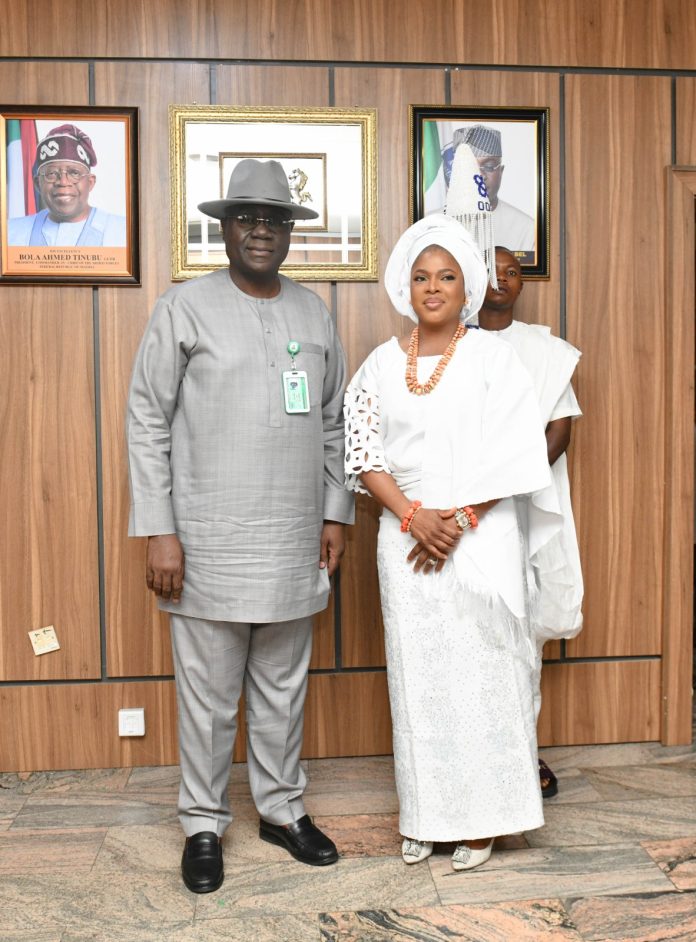 The Head of the Civil Service of the Federation (HCSF), Mr. Olumuyiwa Enitan Abel, and the representative of the Ooni of Ife, Her Regal Majesty, Olori Dr. Temitope Enitan Ogunwusi during the courtesy visit.