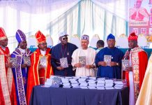 2027: CBCN Endorses Tinubu As Information Minister Urges Church To Champion Peace, Unity *GRAND FINALE OF THE 2026 SYNOD OF THE CHARISMATIC BISHOPS CONFERENCE OF NIGERIA* (R–L): President-General, Charismatic Bishops Conference of Nigeria, Archbishop Leonard Bature Kawas; representative of the President and Commander-in-Chief of the Armed Forces and the Secretary to the Government of the Federation, Senator George Akume, CON; Honourable Minister of Information and National Orientation, Mohammed Idris, FNIPR; representative of the First Lady of the Federal Republic of Nigeria; and National Chairman, Lagos State CAN, Bishop (Dr.) Stephen Adegbite, during the unveiling of the book Nigerian National Prayer Handbook, authored by Archbishop, Prof. Leonard Bature Kawas, at the Grand Finale of the 2026 Synod of the Charismatic Bishops Conference of Nigeria, on September 9, 2026, in Abuja. Photo: Khalid Ahmed/FMINO