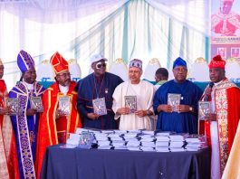 *GRAND FINALE OF THE 2026 SYNOD OF THE CHARISMATIC BISHOPS CONFERENCE OF NIGERIA* (R–L): President-General, Charismatic Bishops Conference of Nigeria, Archbishop Leonard Bature Kawas; representative of the President and Commander-in-Chief of the Armed Forces and the Secretary to the Government of the Federation, Senator George Akume, CON; Honourable Minister of Information and National Orientation, Mohammed Idris, FNIPR; representative of the First Lady of the Federal Republic of Nigeria; and National Chairman, Lagos State CAN, Bishop (Dr.) Stephen Adegbite, during the unveiling of the book Nigerian National Prayer Handbook, authored by Archbishop, Prof. Leonard Bature Kawas, at the Grand Finale of the 2026 Synod of the Charismatic Bishops Conference of Nigeria, on September 9, 2026, in Abuja. Photo: Khalid Ahmed/FMINO