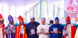 *GRAND FINALE OF THE 2026 SYNOD OF THE CHARISMATIC BISHOPS CONFERENCE OF NIGERIA* (R–L): President-General, Charismatic Bishops Conference of Nigeria, Archbishop Leonard Bature Kawas; representative of the President and Commander-in-Chief of the Armed Forces and the Secretary to the Government of the Federation, Senator George Akume, CON; Honourable Minister of Information and National Orientation, Mohammed Idris, FNIPR; representative of the First Lady of the Federal Republic of Nigeria; and National Chairman, Lagos State CAN, Bishop (Dr.) Stephen Adegbite, during the unveiling of the book Nigerian National Prayer Handbook, authored by Archbishop, Prof. Leonard Bature Kawas, at the Grand Finale of the 2026 Synod of the Charismatic Bishops Conference of Nigeria, on September 9, 2026, in Abuja. Photo: Khalid Ahmed/FMINO